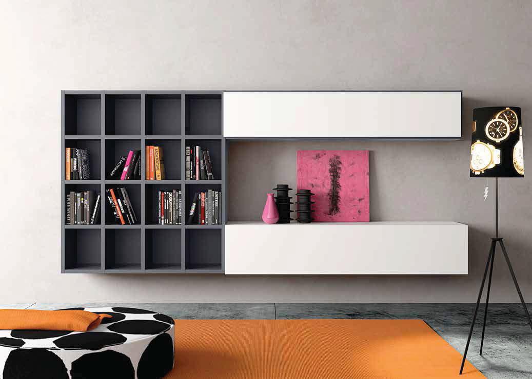 Wall hanging bookcase doors flap lacquered anthracite and White Chalk