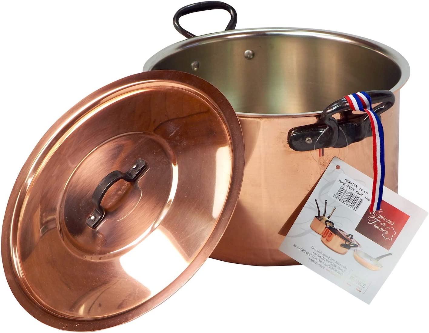 High Pot with Lid Baumalu Pure Copper Interior Tinned Cast Iron handles 24 cm