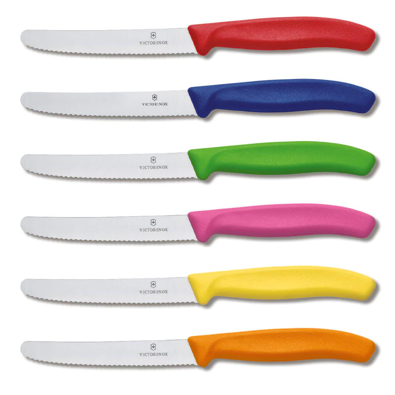 Set of 6 Swiss Classic table or kitchen knives with colored handles in Victorinox gift box