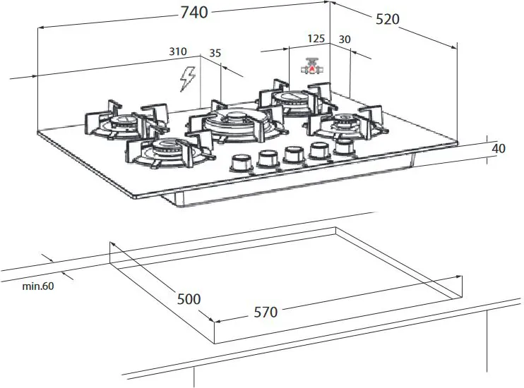 Oranier gas hob 5 burners 75 cm GKH 2784