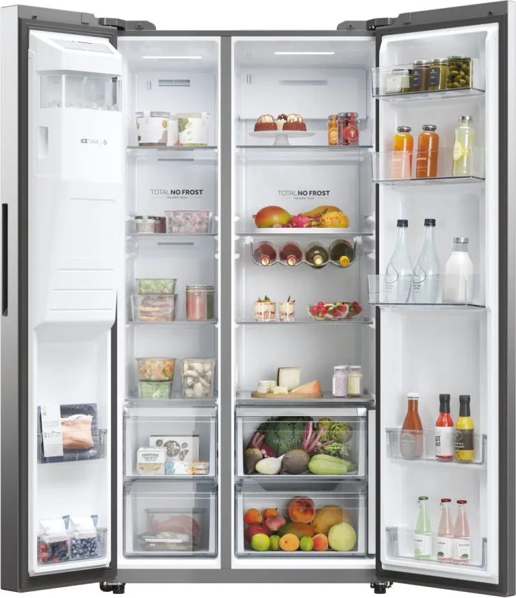 American Side by Side Haier Refrigerator 601 Liters Class E Total No Frost color Platinum Stainless Steel SBS 90 Series 5 HSW59F18EIMM