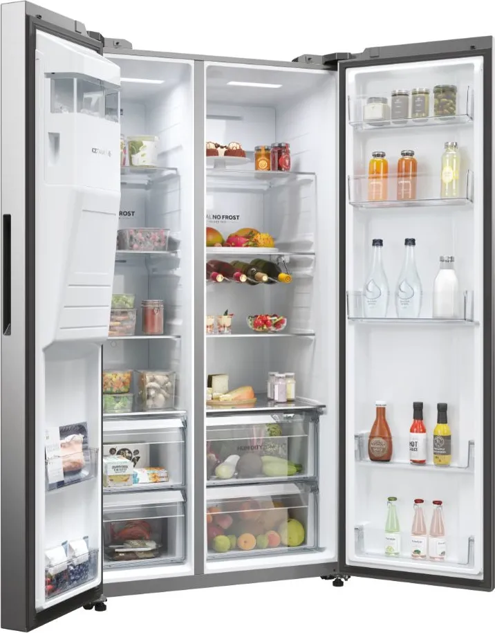 American Side by Side Haier Refrigerator 601 Liters Class E Total No Frost color Platinum Stainless Steel SBS 90 Series 5 HSW59F18EIMM