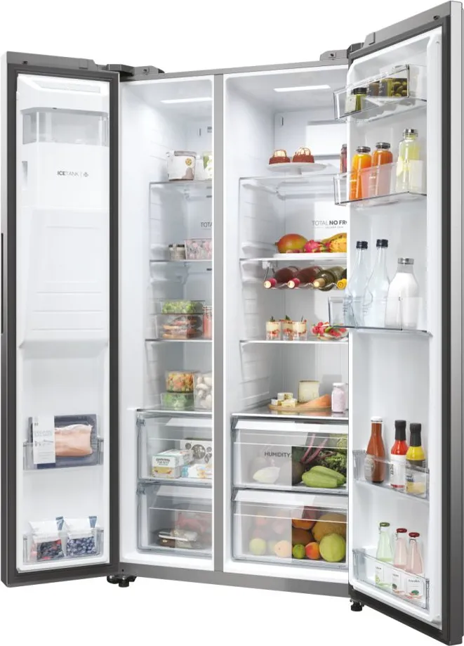 American Side by Side Haier Refrigerator 601 Liters Class E Total No Frost color Platinum Stainless Steel SBS 90 Series 5 HSW59F18EIMM