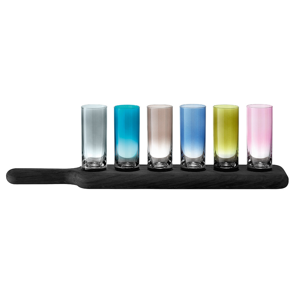 LSA Paddle set vodka 6 cups assorted colors with base in oak L.40